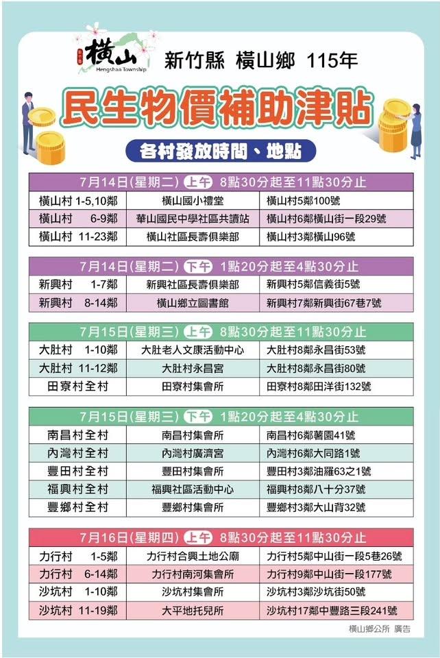 7月14日至16日依各村指定時間、地點發放。(圖/橫山鄉公所提供)