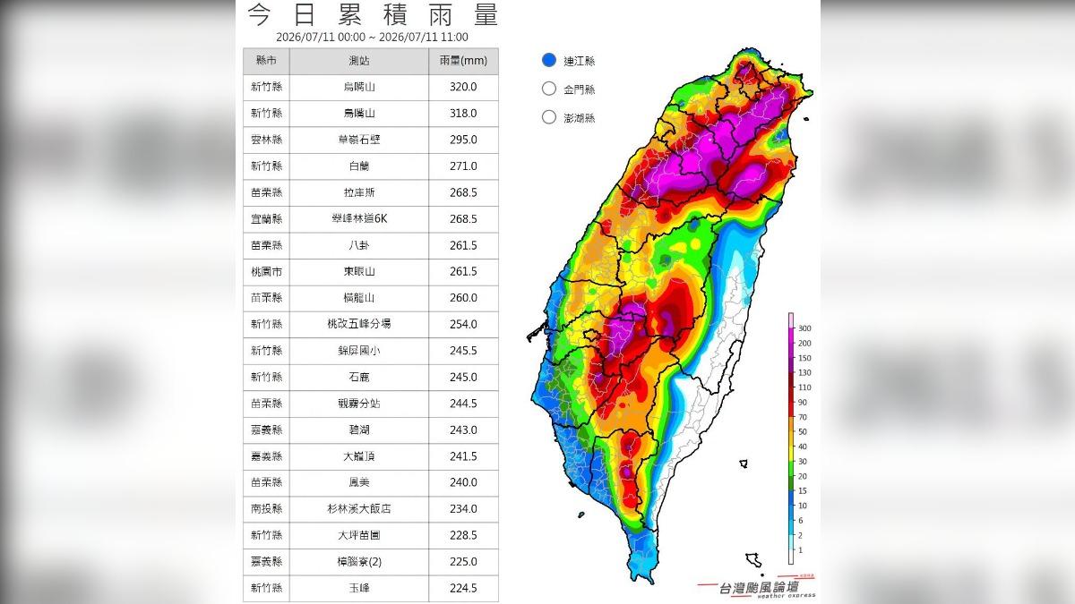 累積雨量圖。(圖/翻攝自台灣颱風論壇|天氣特急臉書)