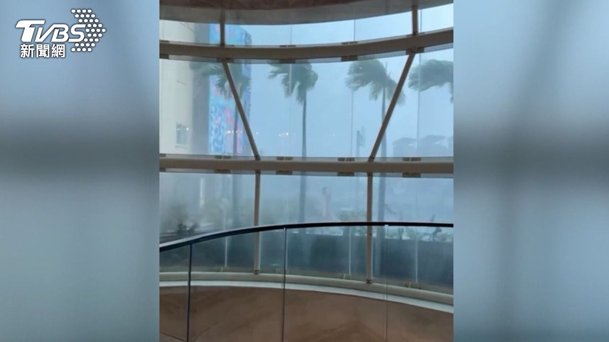 巴威外圍環流發威，恆春半島測出14級陣風，民眾到墾丁旅遊，從飯店往外望去，眼前風強雨驟一片霧茫茫，椰子樹像彩球一樣猛烈搖晃。（圖／翻攝Threads_fish.1998）