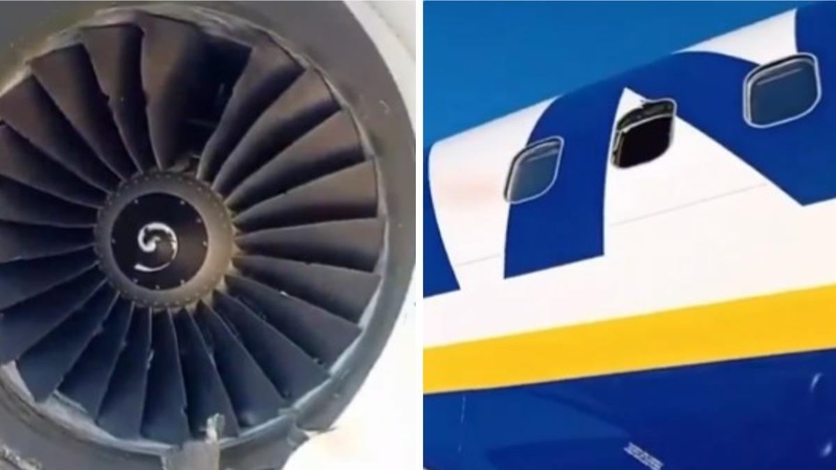 瑞安航空班機引擎受損，碎片擊穿窗戶。（圖／翻攝自 X @aviationbrk）