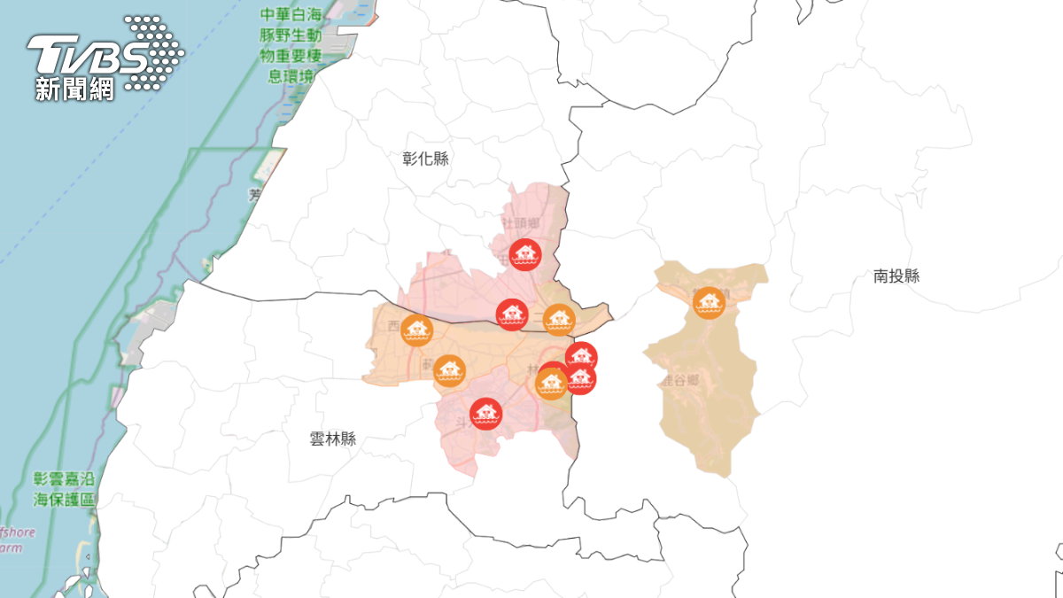 彰化、雲林一級淹水警戒區域。（圖／翻攝自水利署防災資訊網）