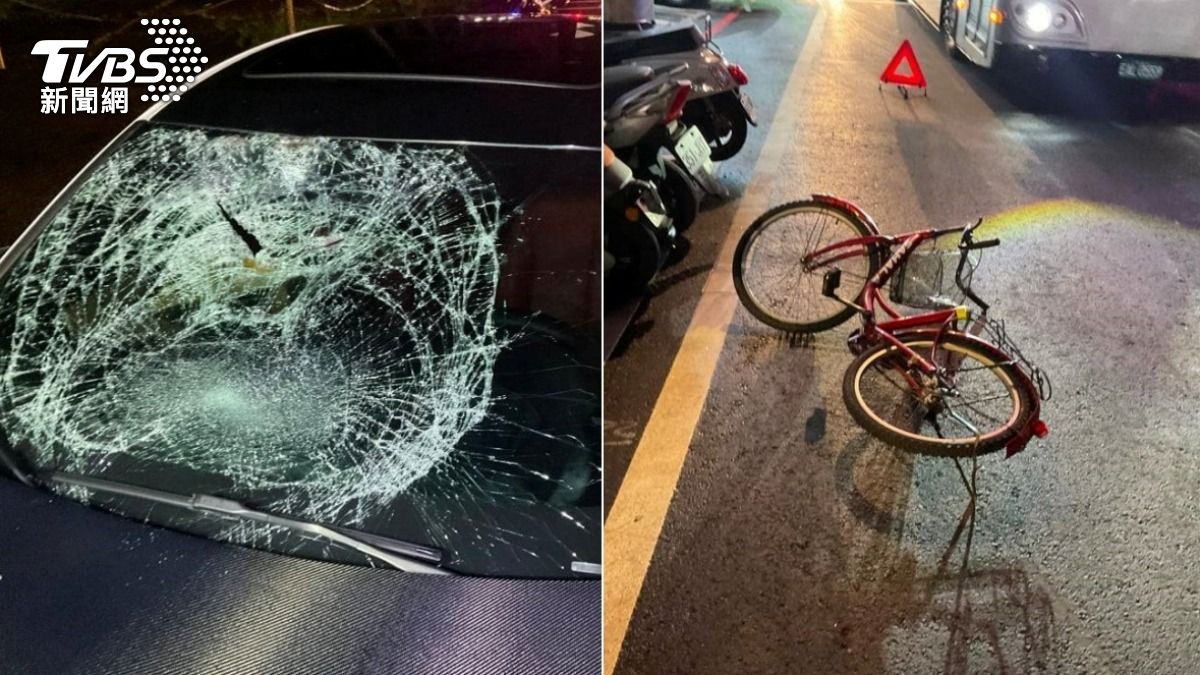 單車騎士遭汽車撞飛,汽車擋風玻璃整片碎裂。(圖/TVBS)
