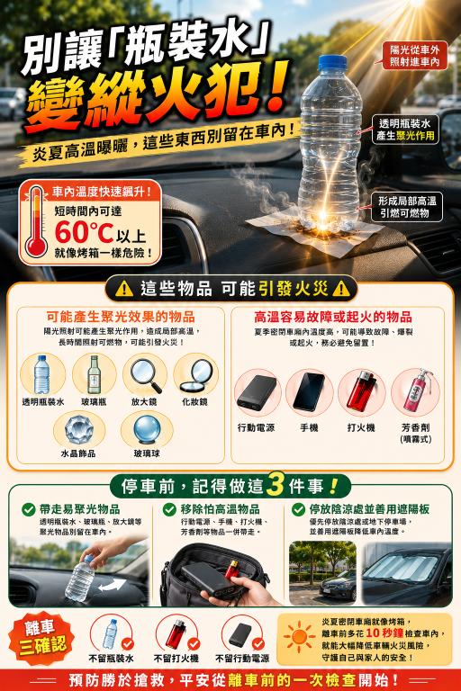 透明瓶裝水-瓶裝水聚光效應-車輛起火-車輛燃燒-火燒車