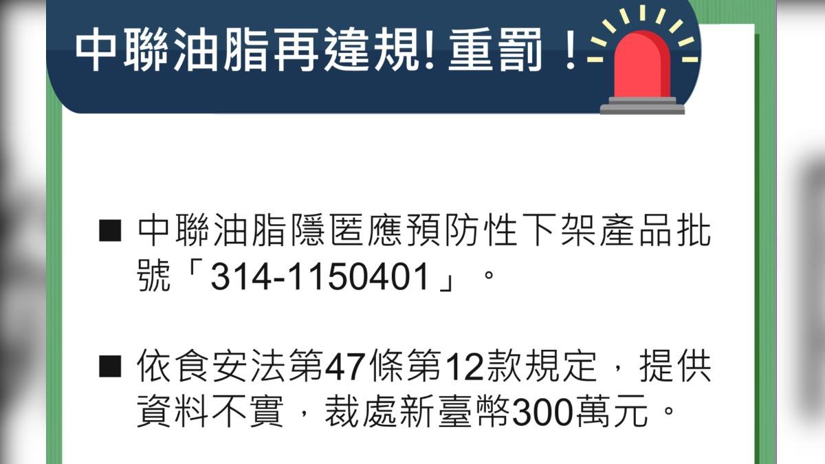中聯油脂罰不怕！隱匿4月未申報油品　食藥署再重罰300萬