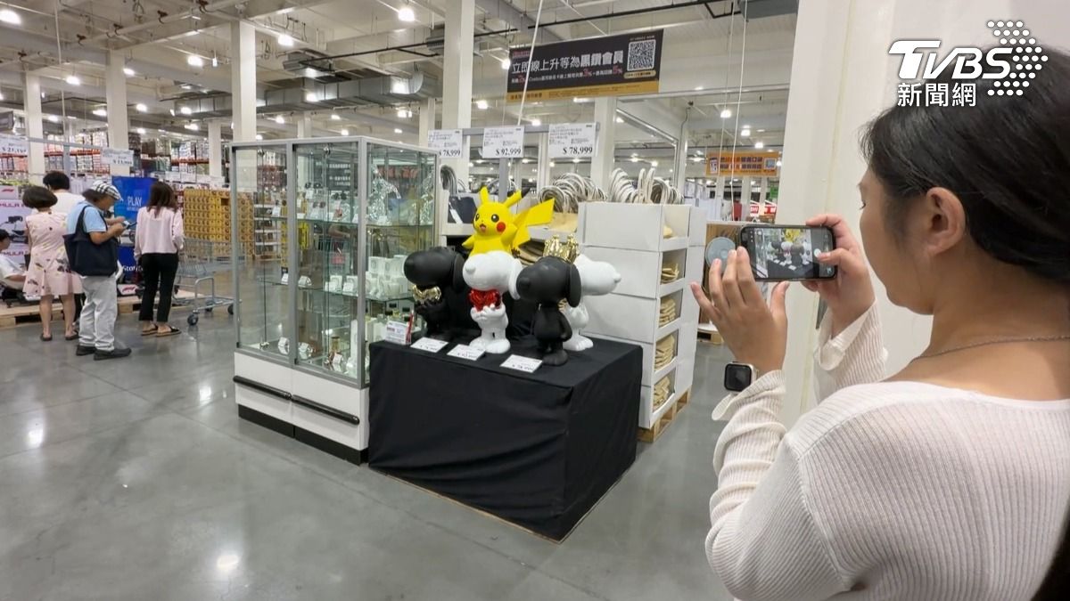 這隻皮卡丘公仔與史努比公仔陳列在賣場入口不遠處,成功吸引不少消費者駐足拍照。(圖/TVBS)