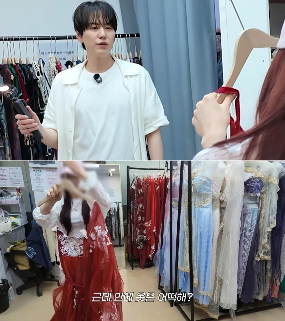 看到工作人員拿出細肩帶漢服，圭賢整個人瞳孔地震。（圖／翻攝自규현 KYUHYUN YouTube）