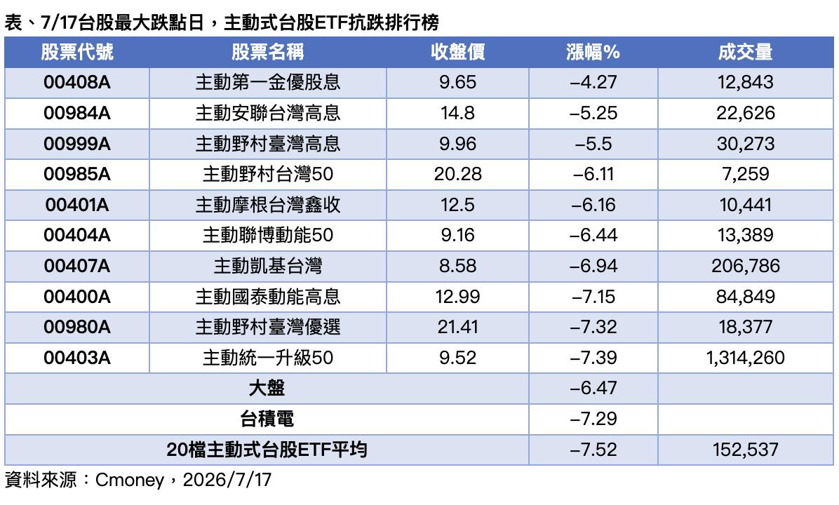 主動式台股ETF抗跌排行榜。(圖/法人提供)