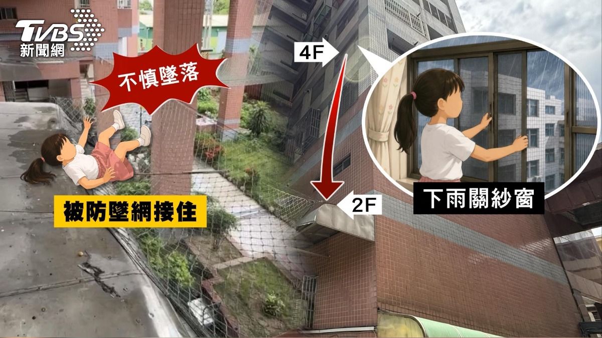 8歲女童關窗「重心不穩」墜4樓!撞破遮雨棚 防護網神救援。(圖/TVBS)