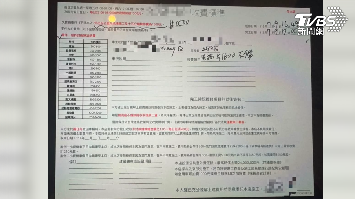 機車行業者強調所有費用都有事先報價，甚至自製同意書保障雙方權益，目的是避免顧客拖延時間又反悔（圖／TVBS）