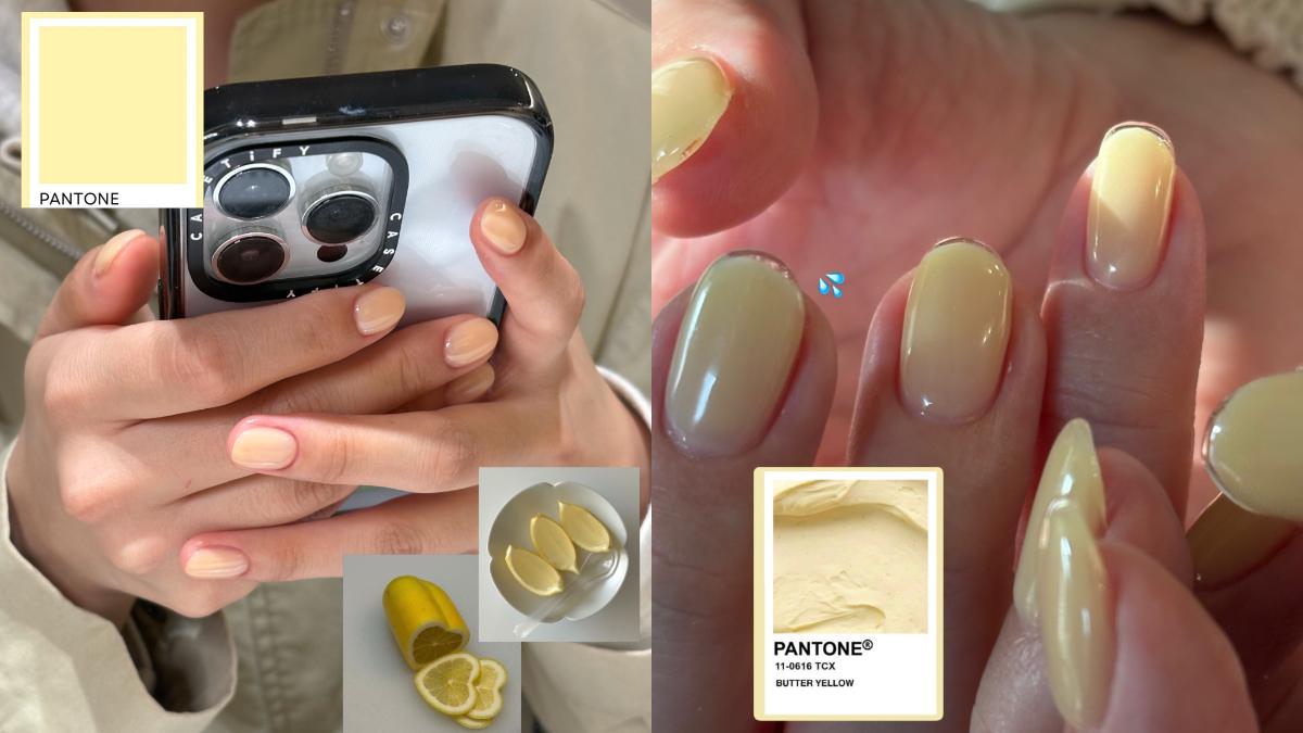 奶油黃單色美甲有著微微乳透感，顯得乾淨柔和，很自然的襯托白皙膚色。（圖／翻攝自IG@nail_flocon、@nana__ritsu）