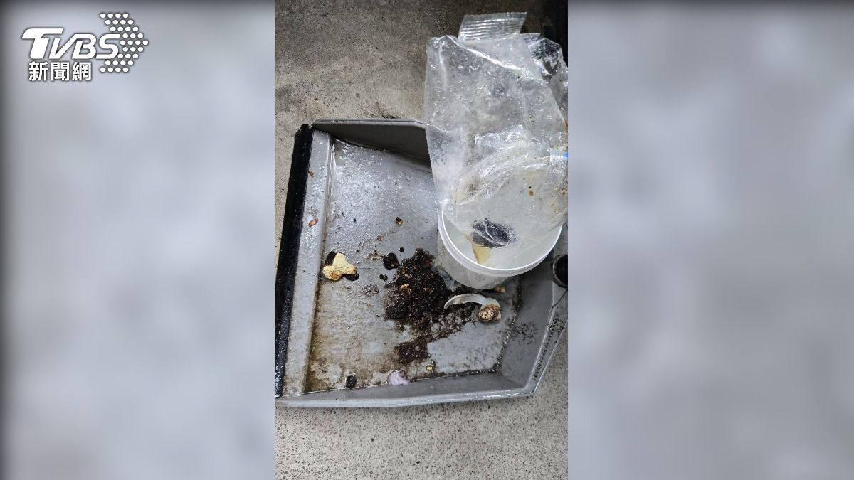 燃燒後的漂粉在畚箕上呈現焦黑色，設計師說廠商已聯繫他，此款產品早已下架，因為過去就發生過自燃意外。（圖／張杰煬提供）