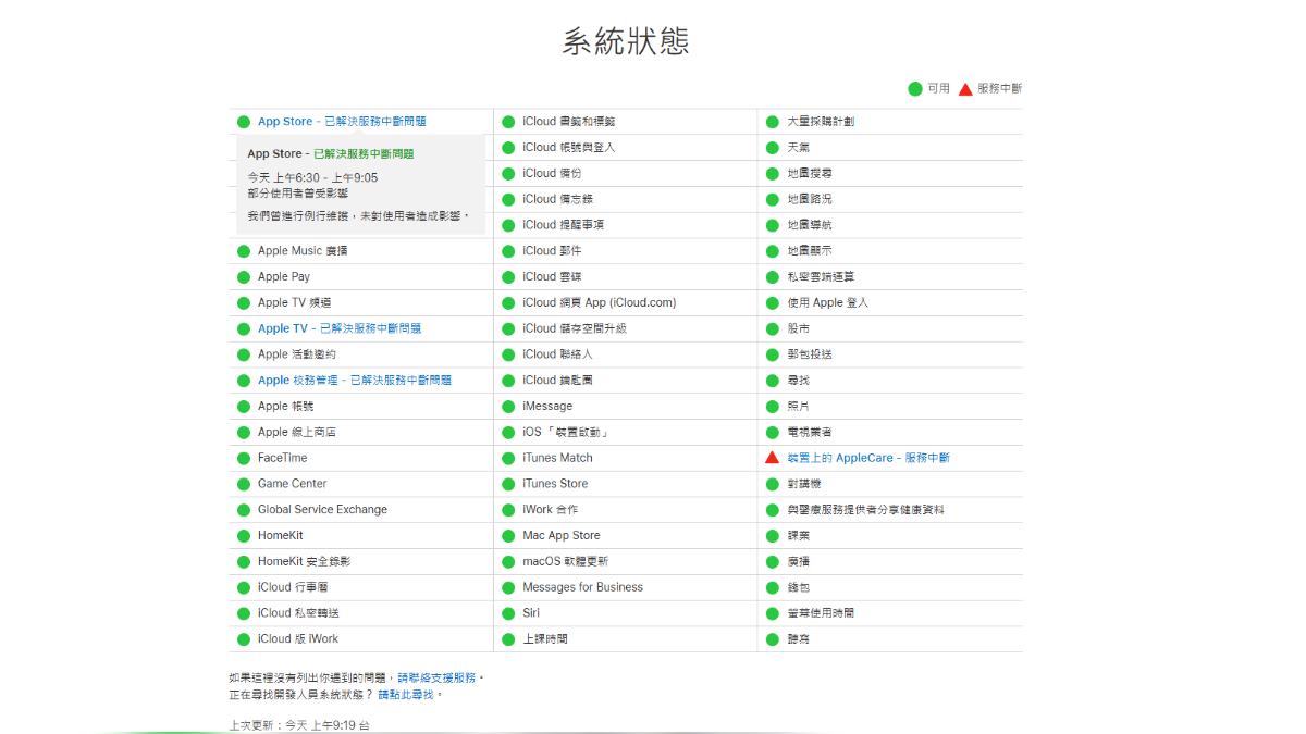 Apple Music、Apple TV、App Store、Apple Music 訂閱、AppleCare 與 Apple 校務管理6項服務，曾於上午6時25分至9時05分期間出現服務中斷。（圖／翻攝蘋果系統狀態網頁）