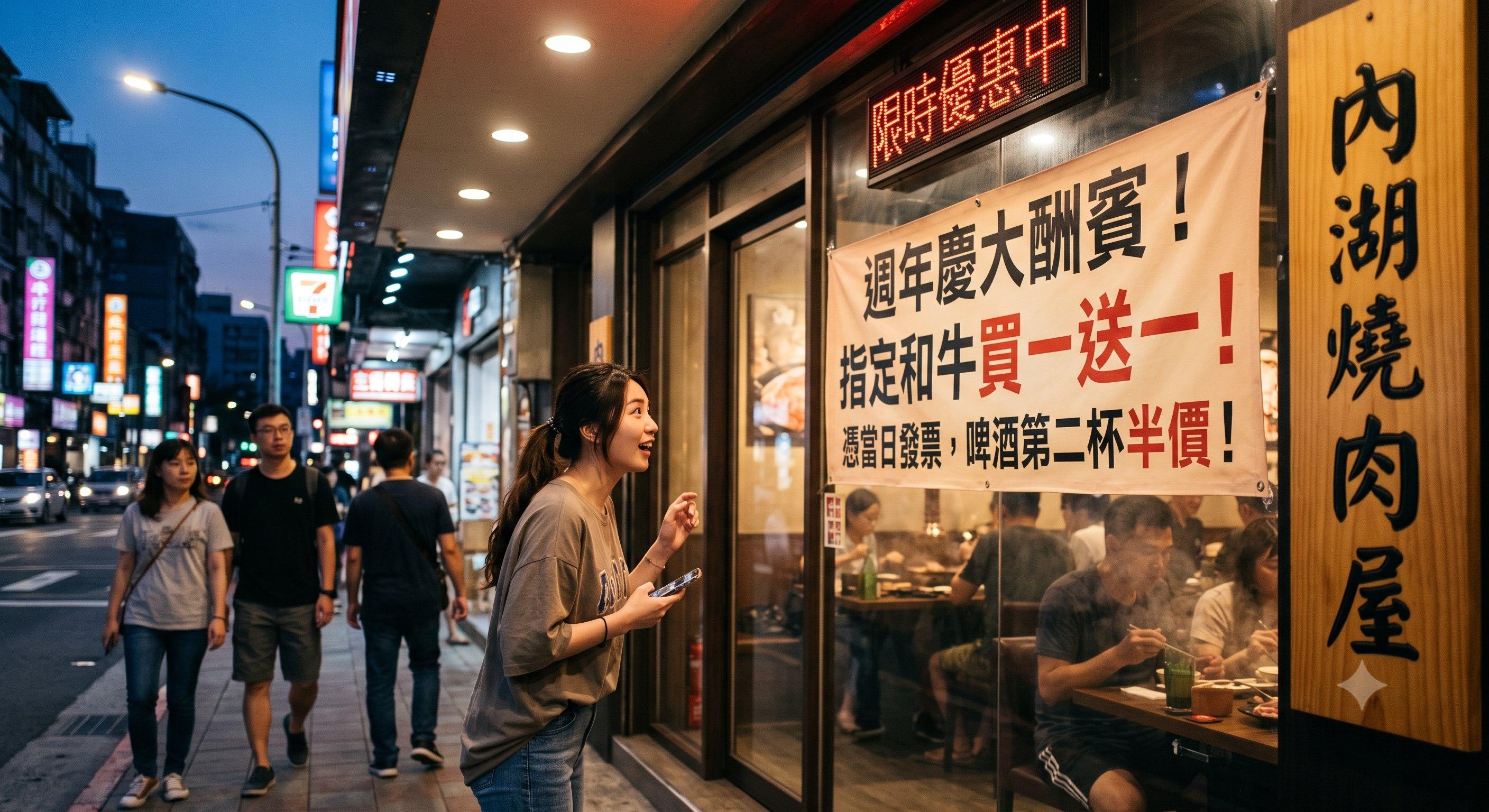 優惠折扣也是吸引許多人最終選擇燒肉店的重要原因。（圖／AI生成）