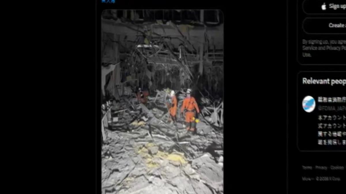 「熊本永旺夢樂城商場」在地震發生約一個半小時後突發劇烈爆炸,導致建物大面積坍塌,現場宛如廢墟。(圖/X:陸上自衛隊)