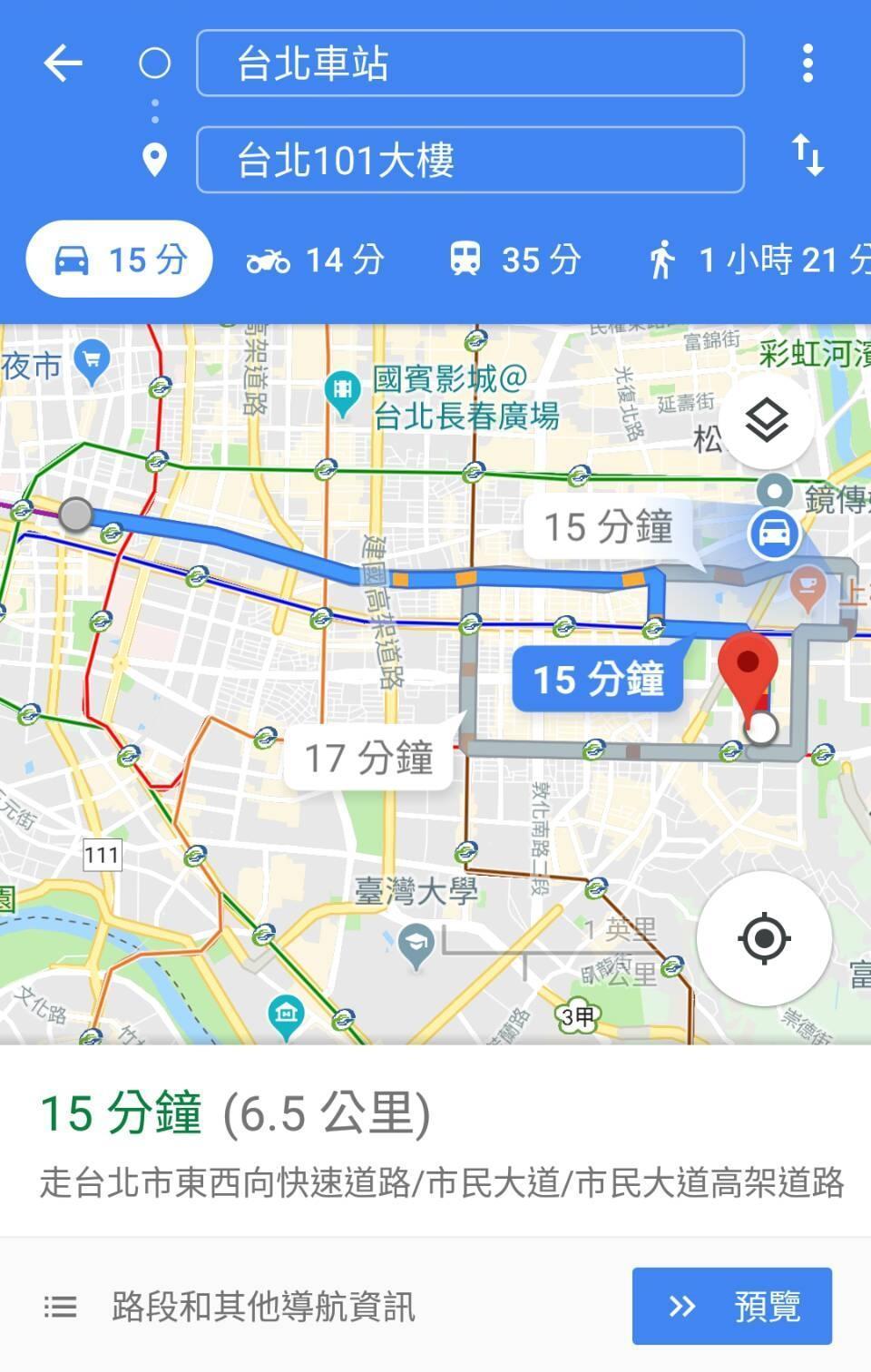 Google地圖汽車模式導航,由北車出發至台北101,與機車路段相比較為順暢,但預估行駛時間卻多了機車1分鐘。(手機截圖)