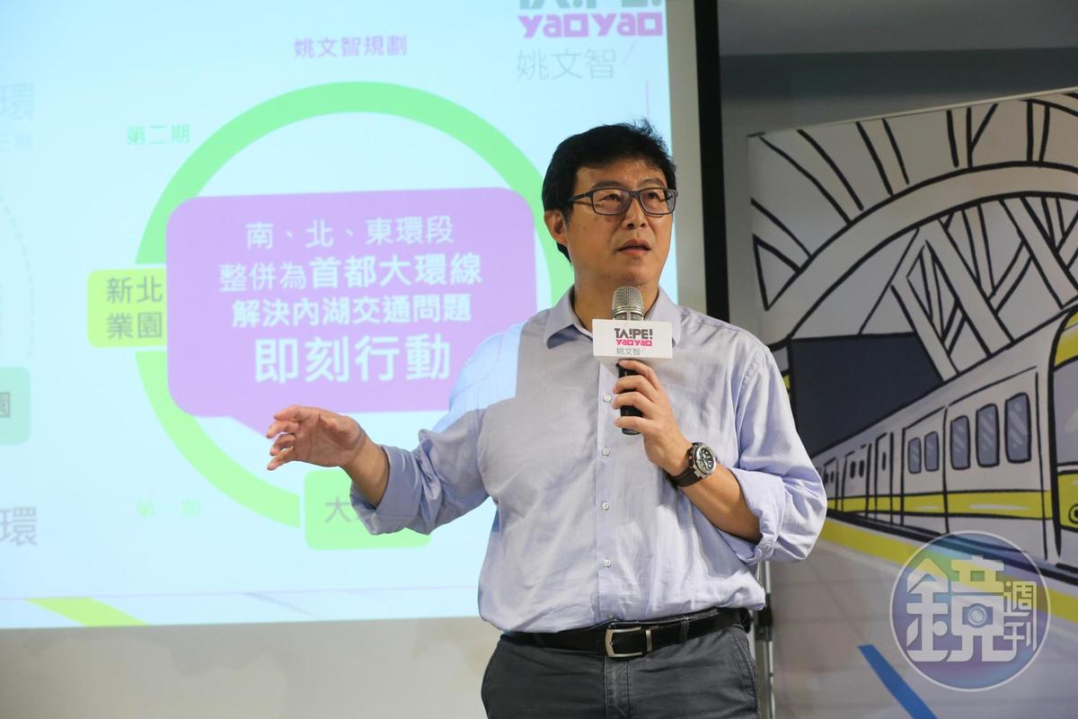 姚文智今也發表他的捷運政策，主張把捷運東環段、南北環段整合為「首都大環線」。