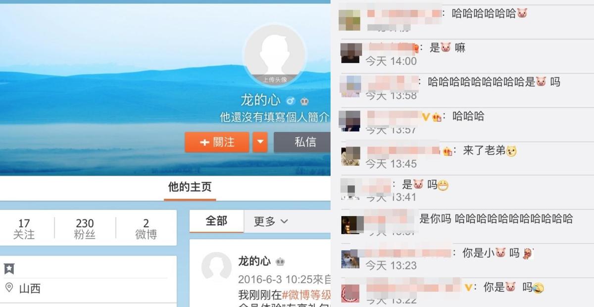 羅志祥自爆分身帳號是「龍的心」，許多粉絲跑到同名微博下留言問：「是你嗎？」（翻攝自龍的心微博）