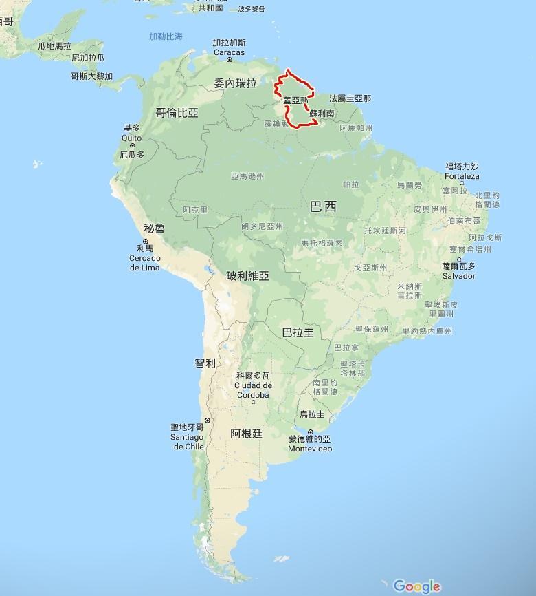 蓋亞那分別與委內瑞拉及巴西毗鄰。(翻攝Google map)
