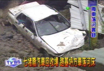 七堵廢汽車回收場　路基坍方車落河床