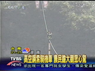 高空鋼索騎機車 農民膽大觀眾心驚