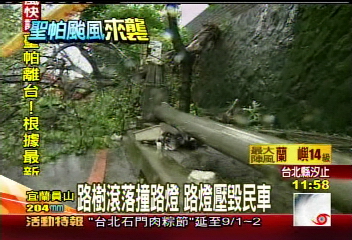 聖帕颱風/路樹滾落撞路燈 路燈壓毀民車