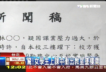 驚! 女學生上課中衝出教室墜樓傷
