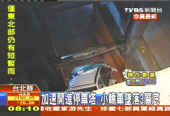 加速開進停車塔 小轎車墜落2層底