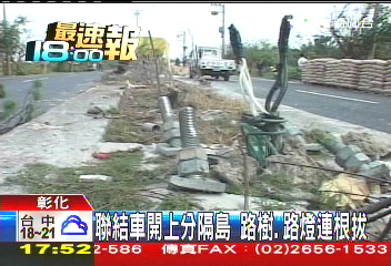 聯結車開上分隔島　路樹、路燈連根拔