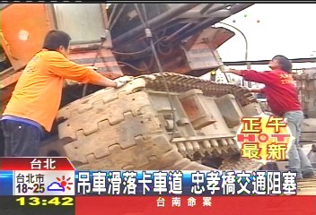 吊車滑落卡車道　忠孝橋交通阻塞