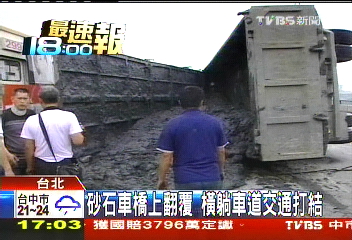 砂石車橋上翻覆 橫躺車道交通打結