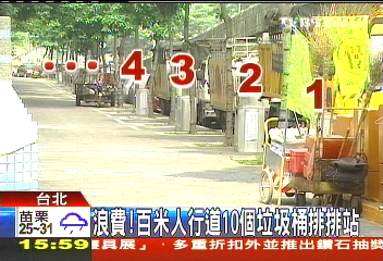 浪費！　百米人行道10個垃圾桶排排站