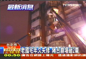 老國宅年久失修 陽台崩塌砸2車