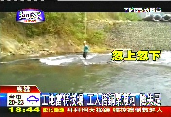〈獨家〉工地當特技場!工人搭鋼索渡河 險失足