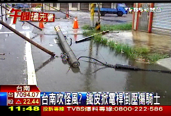 台南吹怪風？　鐵皮掀電桿倒壓傷騎士