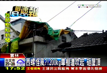 西螺怪風!200kg車棚遭吹起 砸屋頂