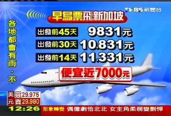 早鳥票拚廉航 台北飛新加坡萬元有找