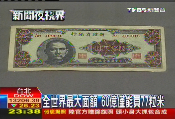 全世界最大面額　60億僅能買77粒米