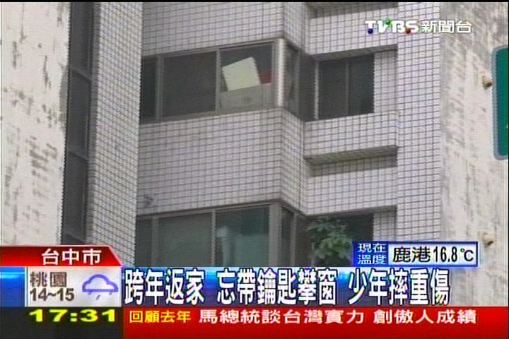 跨年返家忘帶鑰匙攀窗　少年摔重傷