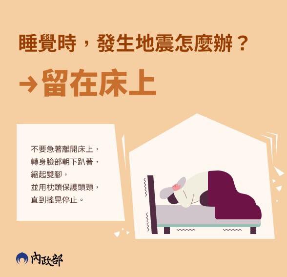 內政部指出，睡覺遇到地震時，應該留在床上。（圖／翻攝內政部臉書）
